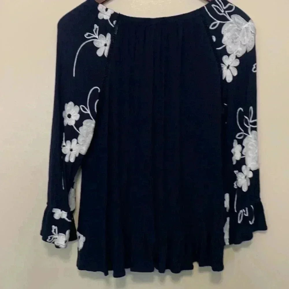 Forgotten Grace light and airy navy blue boho off the shoulders top w em… - Picture 4 of 12